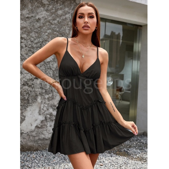Black Summer Dress Mini Babydoll Flowy - Picture 2 of 9